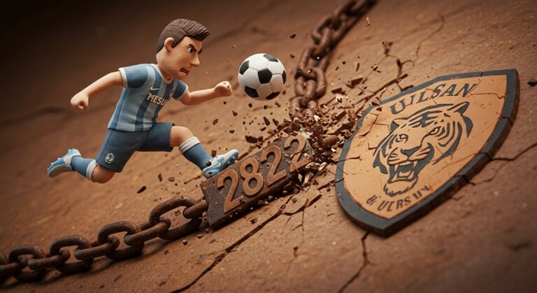 FC서울 대 울산, "8년 만에!" 2822일의 징크스를 깨부순 감격의 1-0 극장승 1 클레이로 만든 FC서울 선수가 '2822'라고 적힌 두꺼운 쇠사슬을 축구공으로 강하게 걷어차 깨뜨리고 있고, 배경에는 울산의 호랑이 로고가 금이 가 있다.