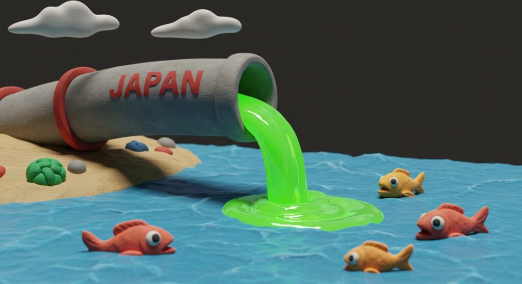 클레이로 만든 푸르고 깨끗한 바다에 'JAPAN'이라고 쓰인 거대한 파이프가 꽂혀 있고, 그곳에서 섬뜩한 녹색 형광빛의 액체가 콸콸 쏟아져 나와 바다를 오염시키고 있는 모습.