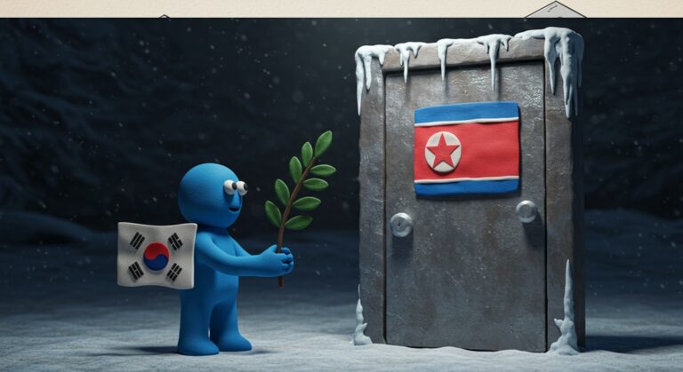 김여정 "한국 마주앉을 일 없어", 이재명 정부에 찬물 끼얹은 북한 6 태극기가 그려진 파란 옷의 클레이 캐릭터가 올리브 가지를 내밀고 있지만, 인공기가 그려진 거대하고 차가운 강철 문은 굳게 닫혀 있고 문 주변이 얼음으로 뒤덮여 있다.