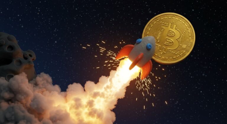 비트코인 1억 6500만원 돌파, 미쳤다! 사상 최고가 경신, 지금이라도 타야 할까? 1 클레이 애니메이션 스타일의 커다란 황금색 비트코인 로켓이 강력한 불꽃을 내뿜으며 별이 가득한 우주를 향해 솟구쳐 오르는 모습.