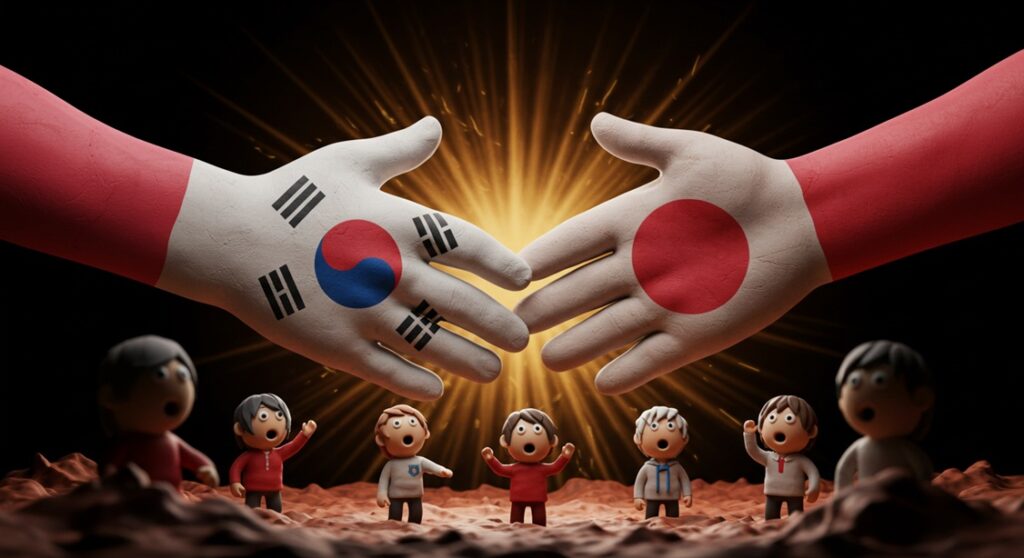 브레이브 그룹 스텔라이브 인수합병, 국내 버튜버 시장 지각변동 예고! 2 클레이 아트로 표현한 한국과 일본 버튜버 기업의 상징적인 악수