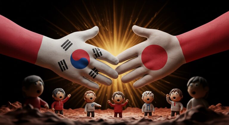 클레이 아트로 표현한 한국과 일본 버튜버 기업의 상징적인 악수