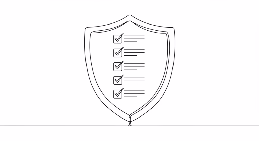 입금 전 딱 1분! 이 7가지만 확인하면 중고나라 사기 99% 막습니다 3 방패 아이콘 안에 7개의 핵심 체크리스트 항목이 나열되어 있는 라인 드로잉.