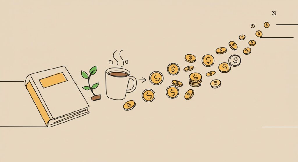 생활용품의 현금화 과정 책, 머그컵, 화분 아이콘이 동전 아이콘으로 변환되는 과정을 보여주는 라인 드로잉.