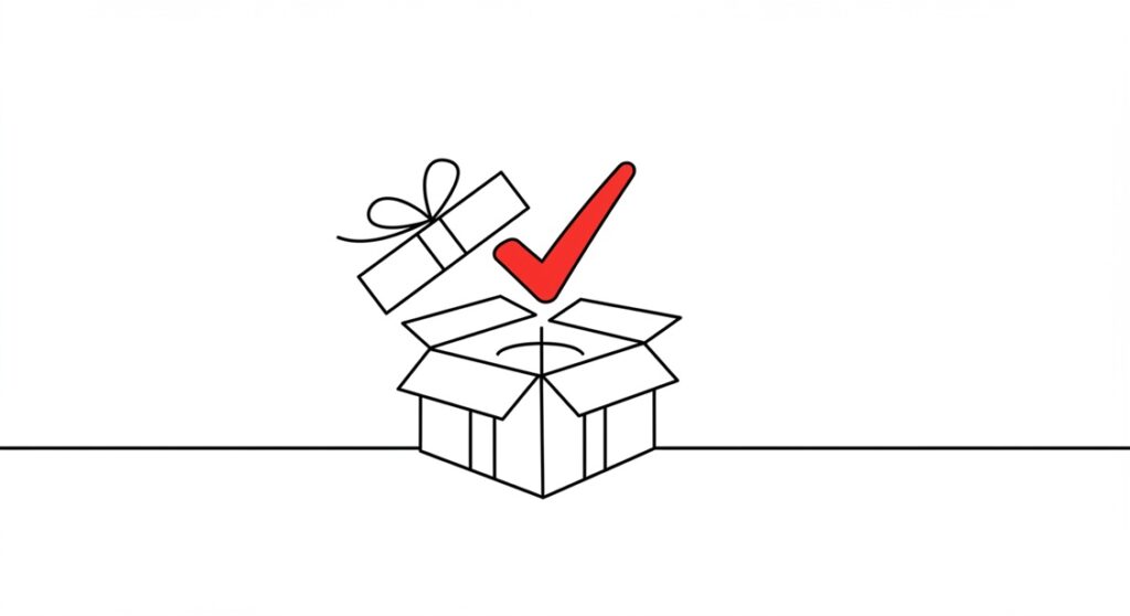 중고거래 뭐부터 팔까? 초보 셀러를 위한 실패 없는 판매 아이템 TOP 10 추천 5 열려있는 선물 상자 안에서 커다란 체크 표시가 나타나는 모습의 라인 아트.