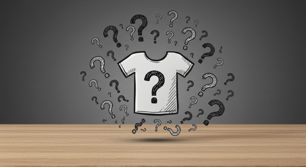 중고거래 뭐부터 팔까? 초보 셀러를 위한 실패 없는 판매 아이템 TOP 10 추천 4 티셔츠 아이콘 주위를 여러 개의 물음표 아이콘이 둘러싸고 있는 모습의 스케치.