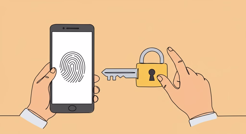 2차 민생회복지원금(민생회복 소비쿠폰) 온라인 신청, '이것'부터 준비하면 5분 만에 끝납니다 3 열쇠 아이콘 대신 스마트폰의 지문 인식 아이콘이 자물쇠를 여는 과정의 라인 드로잉.