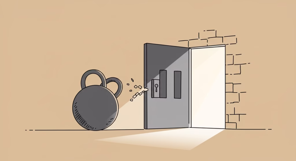 과도한 빚, 해결할 수 있습니다: 신용회복위원회 채무조정(배드뱅크)의 모든 것 5 굳게 닫힌 감옥 문이 열리면서 빛이 들어오는 모습의 라인 아트.