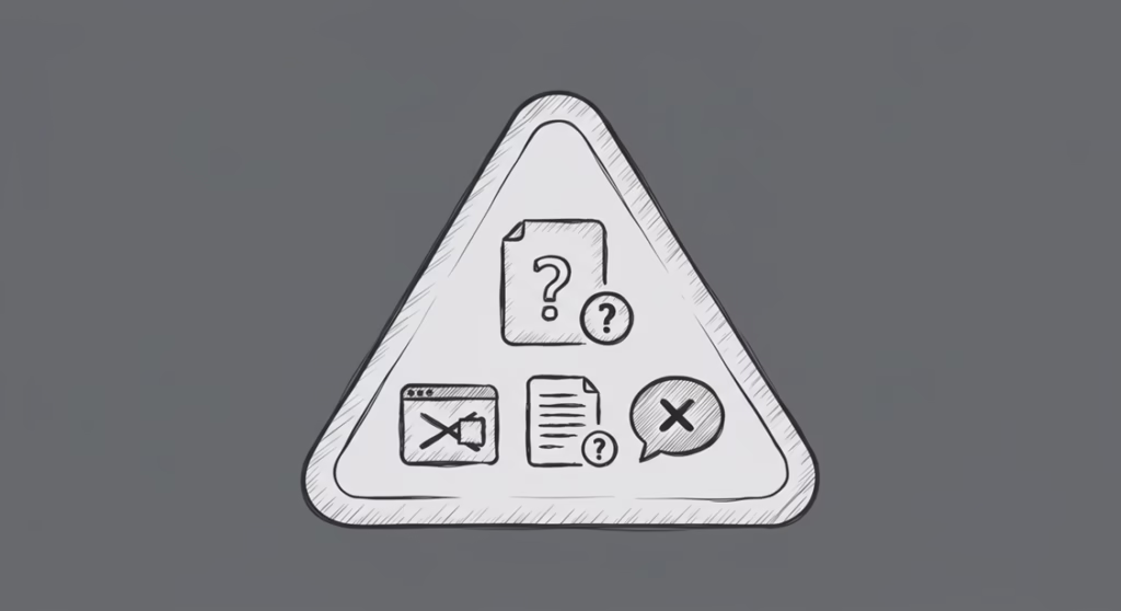 2차 민생회복지원금(민생회복 소비쿠폰) 온라인 신청, '이것'부터 준비하면 5분 만에 끝납니다 4 경고 삼각형 아이콘 안에 팝업 차단, 문서 불일치, 메시지 오류를 상징하는 작은 아이콘들이 그려진 스케치.