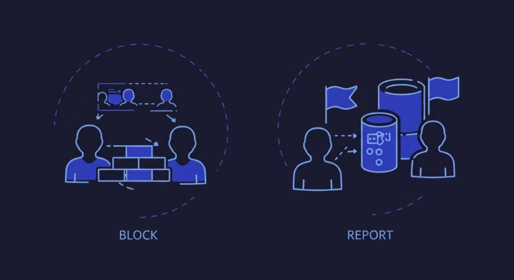 약속 파기, 무례한 채팅... 당근마켓 빌런 차단/신고하는 가장 빠른 방법 5 '차단'은 두 사용자 사이에 벽이 생기는 모습, '신고'는 사용자가 당근마켓 본사 아이콘에 깃발을 보내는 모습으로 표현된 블루프린트.