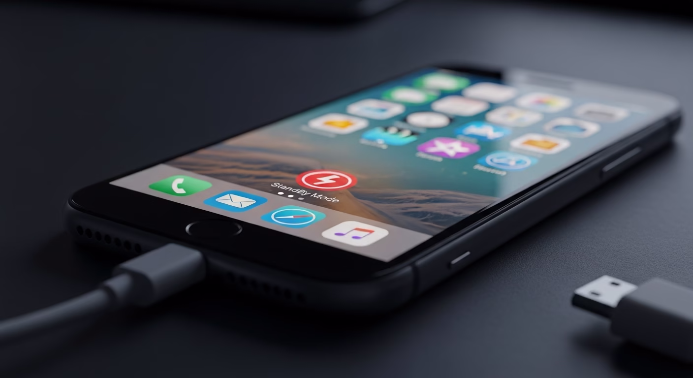 iOS 18 아이폰 미러링 안될 때 해결 방법, 필수 활성화 조건 5가지 총정리 3 세로로 놓여 있고 충전이 안 되고 있어 아이폰 미러링의 필수 조건인 스탠바이 모드가 활성화되지 않은 상황을 보여주는 이미지