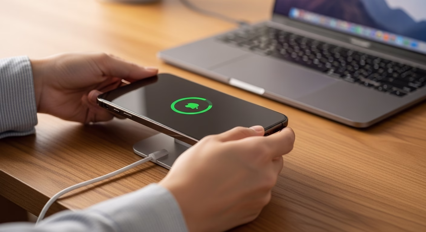 iOS 18 아이폰 미러링 안될 때 해결 방법, 필수 활성화 조건 5가지 총정리 5 사용자가 아이폰을 충전 거치대에 가로로 올려놓아 스탠바이 모드를 활성화하는 문제 해결 과정을 담은 이미지