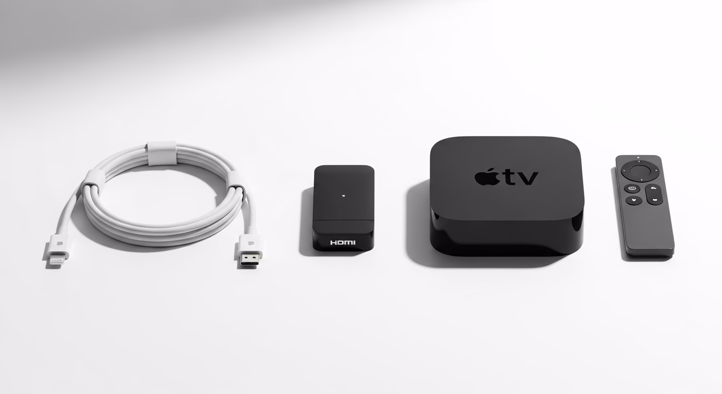 아이폰 화면 미러링에 필요한 라이트닝-HDMI 케이블, 무선 미러링 동글, 애플 TV 제품 이미지.