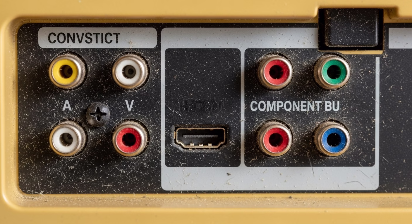 와이파이나 스마트 기능이 없는 구형 TV의 뒷면 단자부를 보여주는 이미지.