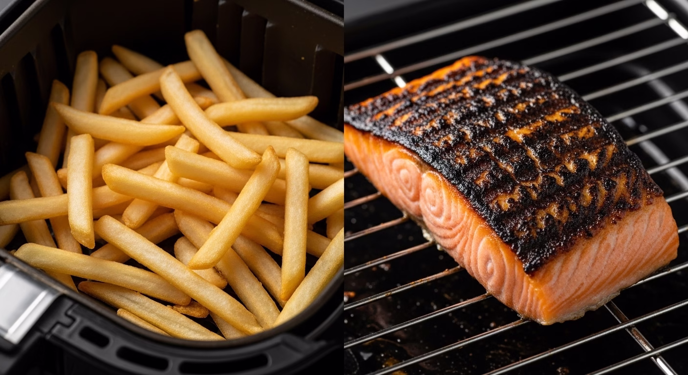 에어프라이어 사용법, 태우지 않고 겉바속촉 만드는 5가지 핵심 원칙 3 너무 많은 재료를 넣어서 눅눅해진 감자튀김과 한쪽만 새까맣게 타버린 음식의 모습을 보여주는 이미지.