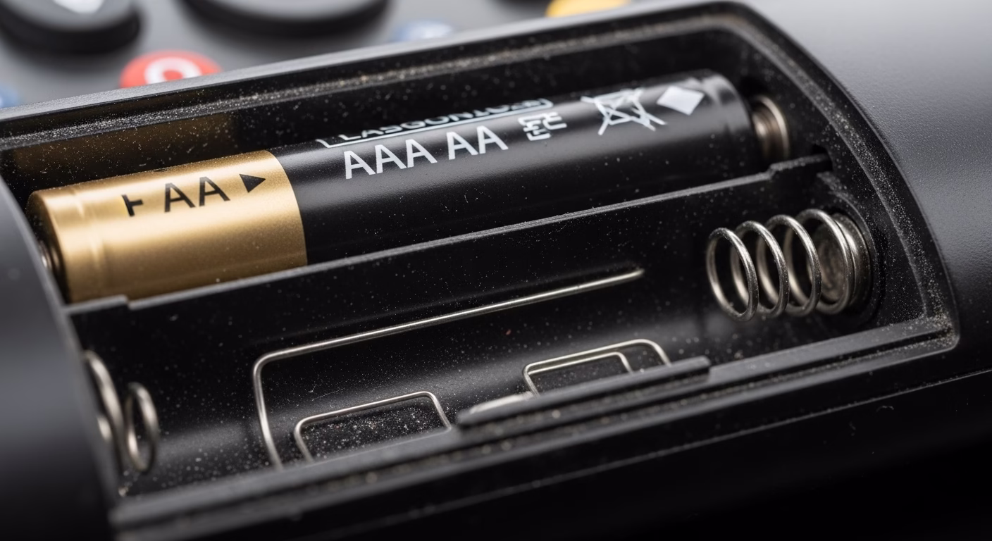 크롬캐스트 리모컨 배터리 단자의 미세한 먼지나 접촉 불량 문제를 보여주는 클로즈업 이미지