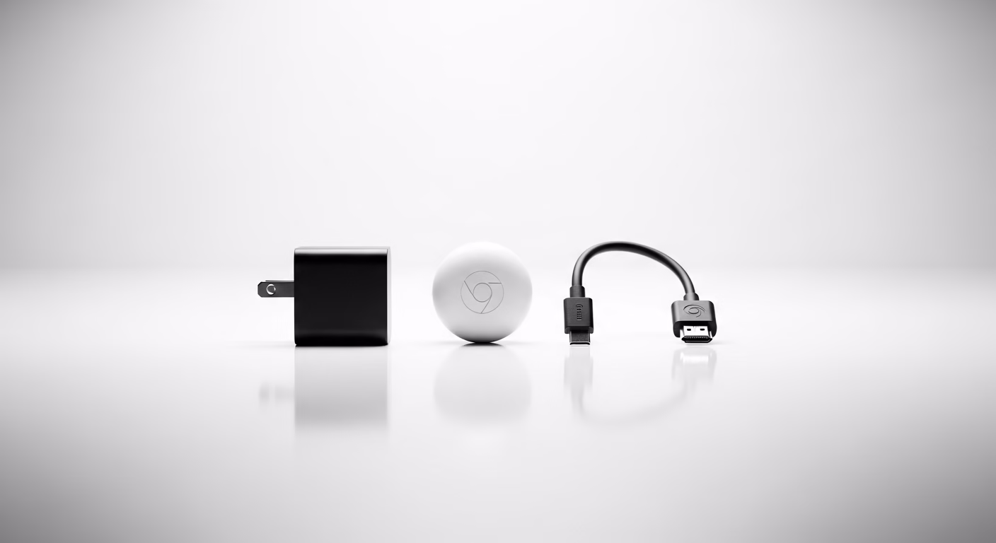 크롬캐스트 기기와 전원 어댑터, HDMI 케이블이 정돈되어 있는 이미지.