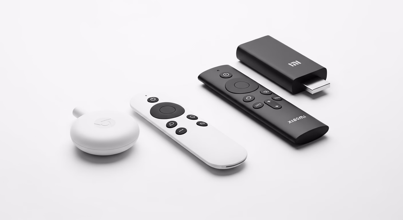 크롬캐스트 4K와 샤오미 TV스틱 4K 제품 및 리모컨이 깔끔하게 정돈된 이미지.