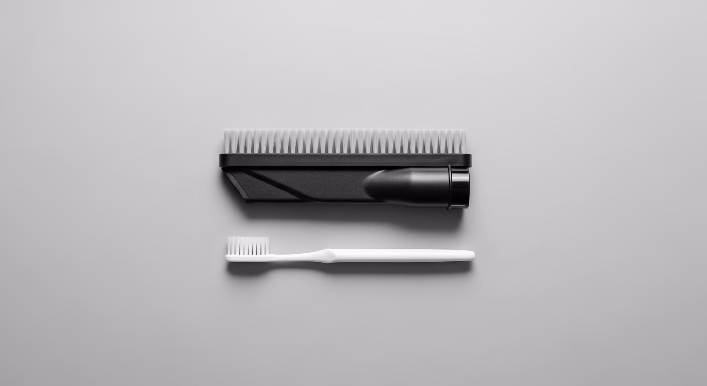 건조기 건조 시간 2배? 원인은 바로 필터! 5분 청소로 전기세 절약과 화재 예방까지 4 건조기 필터 청소에 필요한 진공청소기의 부드러운 브러시와 칫솔이 깔끔하게 놓여있는 사진.