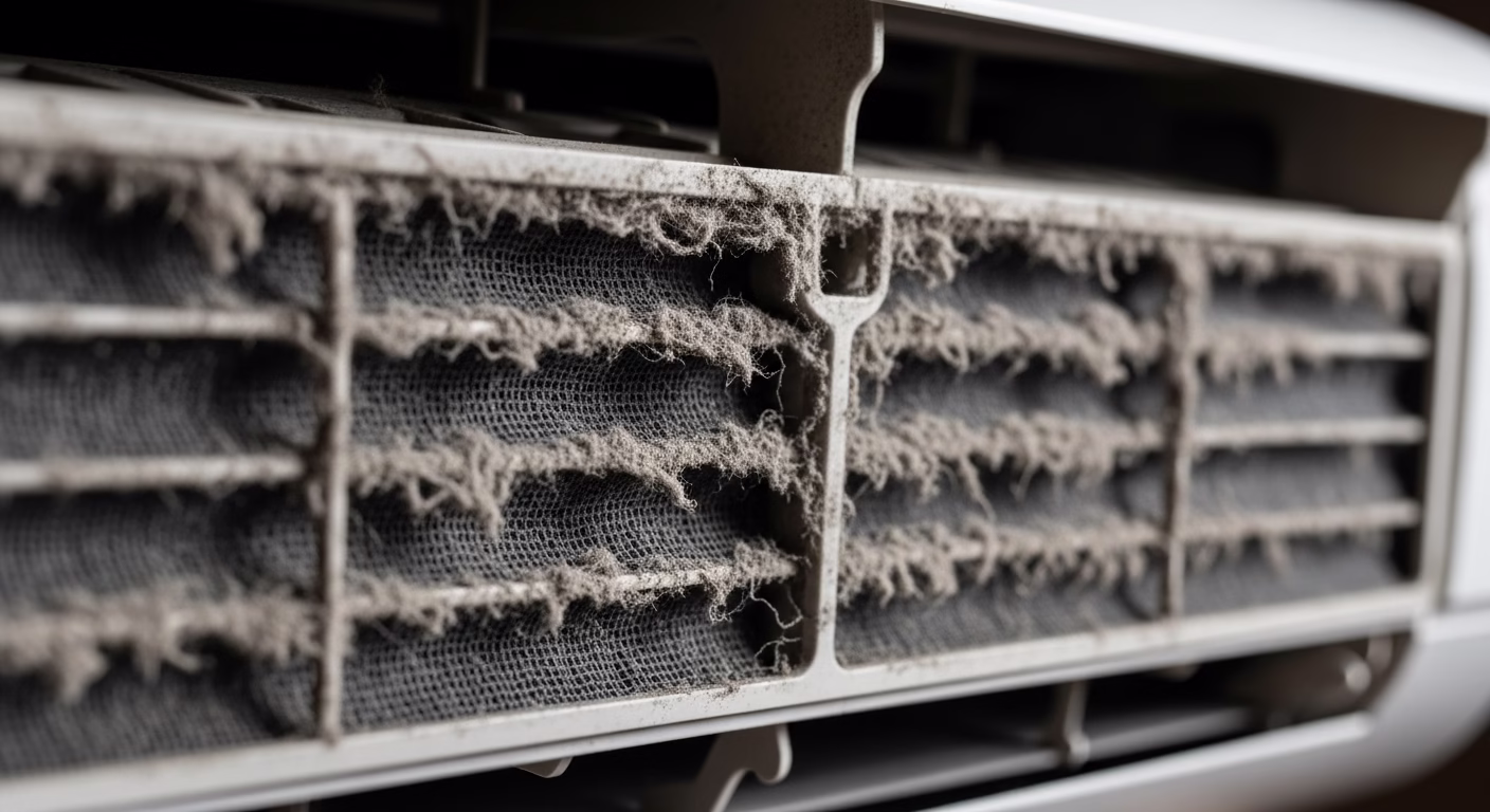 에어컨 드르륵, 덜덜 소음 원인? AS 부르기 전 10분 만에 해결하는 셀프 진단법 3 에어컨 소음의 주된 원인인, 회색 먼지와 이물질로 완전히 막혀버린 에어컨 필터를 클로즈업한 이미지.