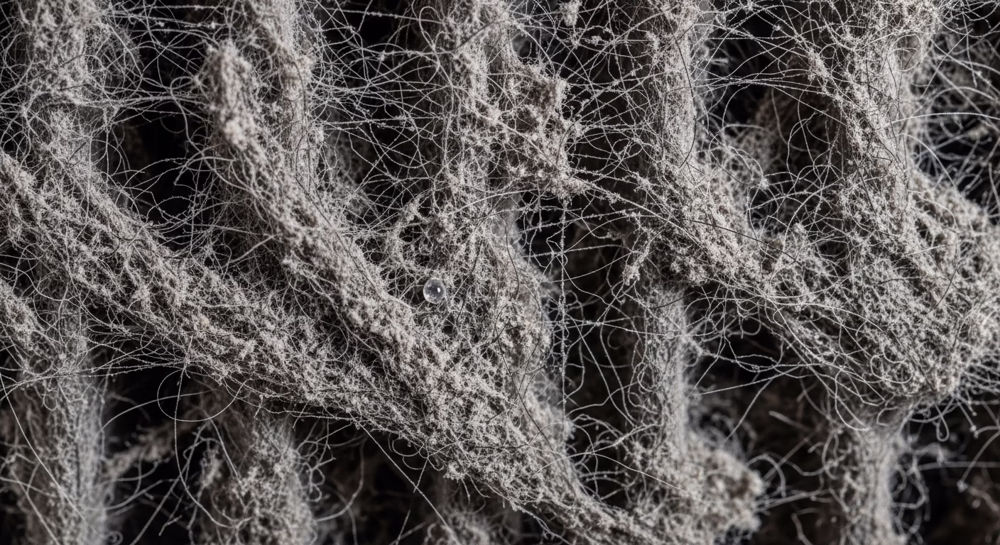 건조기 건조 시간 2배? 원인은 바로 필터! 5분 청소로 전기세 절약과 화재 예방까지 3 회색 먼지와 보푸라기로 두껍게 뒤덮여 숨 쉴 틈 없이 꽉 막혀버린 건조기 필터의 매크로 사진.