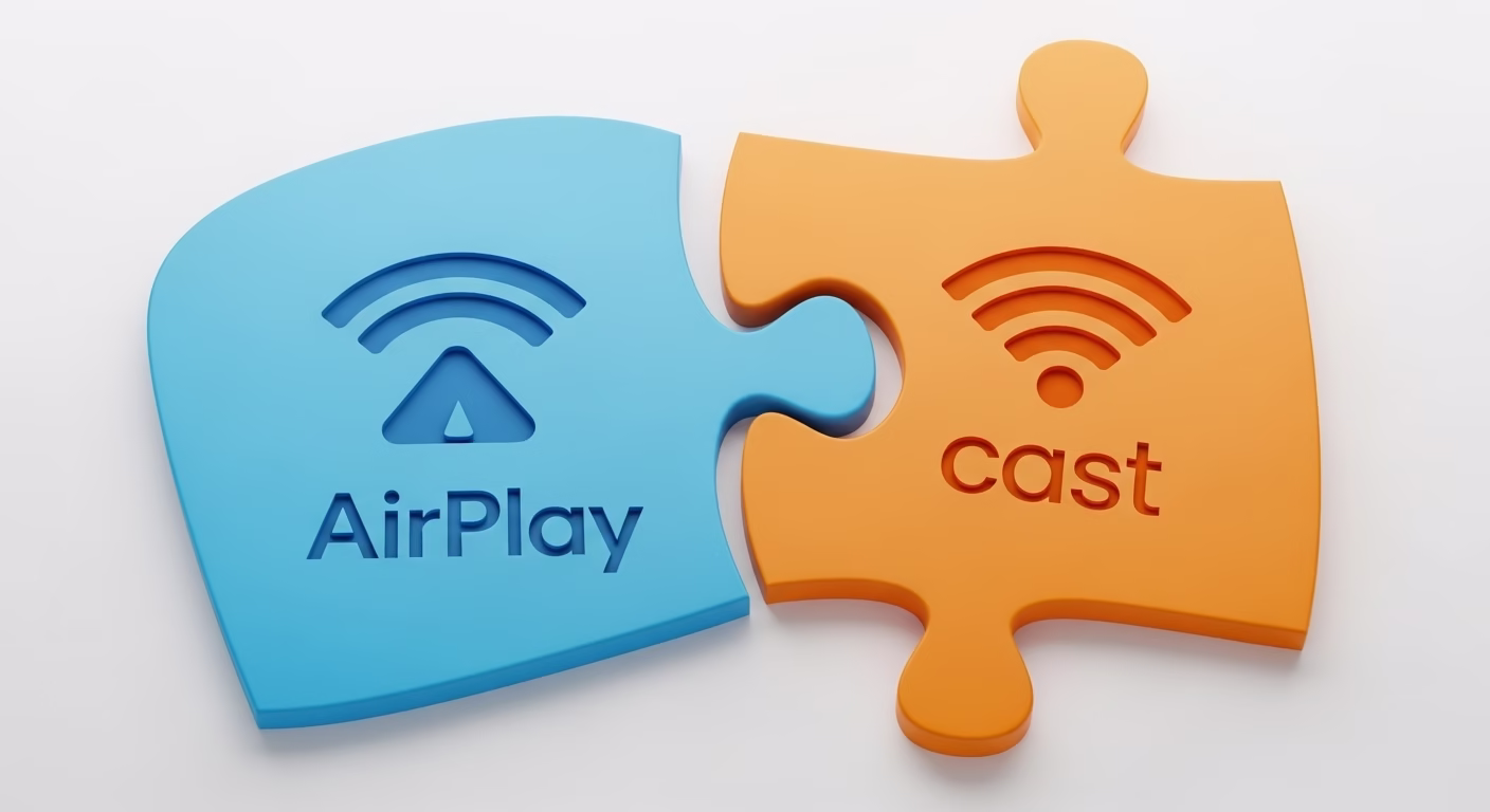 서로 호환되지 않는 AirPlay와 Google Cast 기술의 충돌을 시각적으로 표현한 이미지
