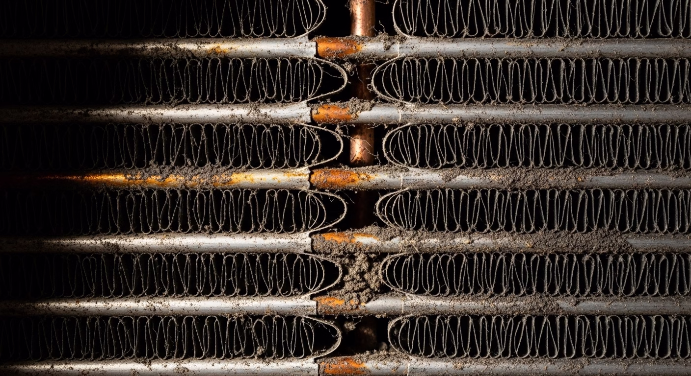 먼지와 곰팡이로 오염된 제습기 냉각핀(에바)을 확대한 이미지.