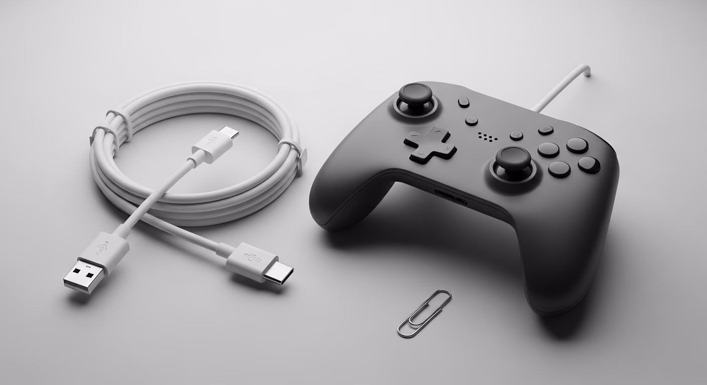 듀얼센스 충전 안됨, 주황색 불만 깜빡일 때? 케이블 사기 전 4가지 필수 체크 (2025) 4 듀얼센스 컨트롤러와 정품 USB-C 케이블, 그리고 리셋 버튼을 누르기 위한 클립이 나란히 놓여있다.