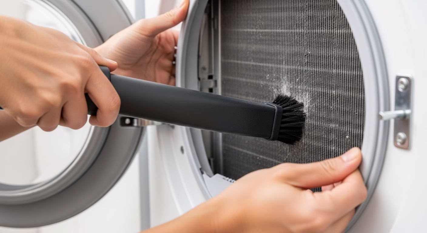 건조기 건조 시간 2배? 원인은 바로 필터! 5분 청소로 전기세 절약과 화재 예방까지 5 한 사람이 진공청소기 브러시를 이용해 건조기 열교환기의 미세한 틈새 먼지를 조심스럽게 제거하는 모습.