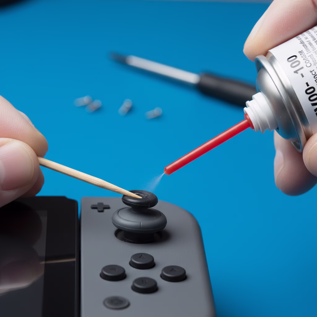 닌텐도 조이콘 쏠림 현상, 서비스센터 방문 없이 1만 원으로 직접 해결하는 완벽 가이드 (2025 최신) 3 조이콘 스틱 고무 커버 틈새로 접점 부활제(BW-100)를 분사하는 모습