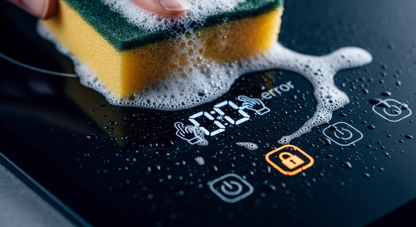 갑자기 인덕션 잠김? 삼성, LG, SK매직 모델별 잠금 해제 방법 총정리 3 젖은 행주가 인덕션 터치패널을 닦으면서 물기 때문에 잠금 버튼이 오작동하는 모습을 클로즈업한 사진.