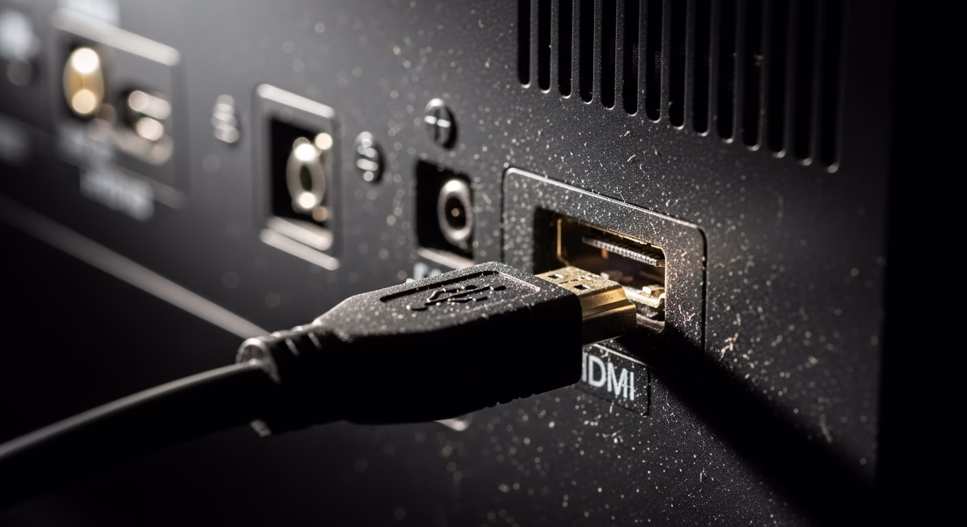 TV 뒷면에 헐겁게 연결된 HDMI 케이블을 클로즈업한 이미지. 크롬캐스트 사운드 문제의 흔한 원인.