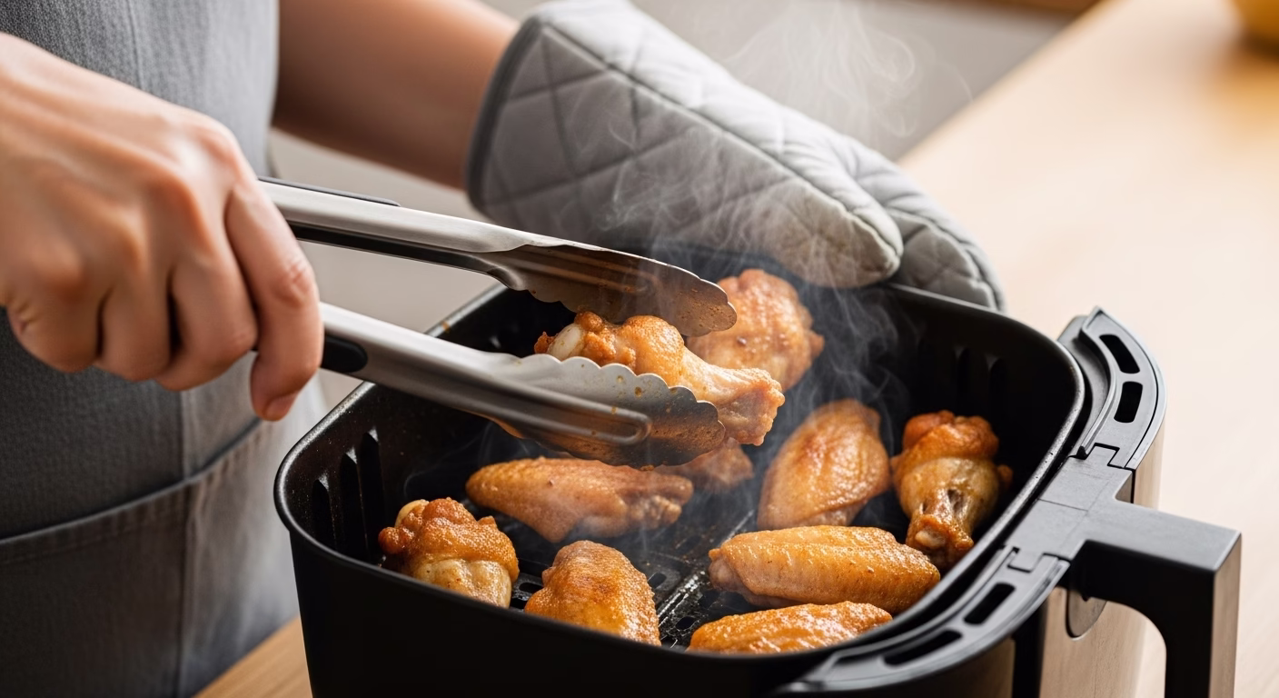 에어프라이어 사용법, 태우지 않고 겉바속촉 만드는 5가지 핵심 원칙 5 조리 시간 중간에 에어프라이어 바스켓을 열어 음식을 뒤집어주는 모습.