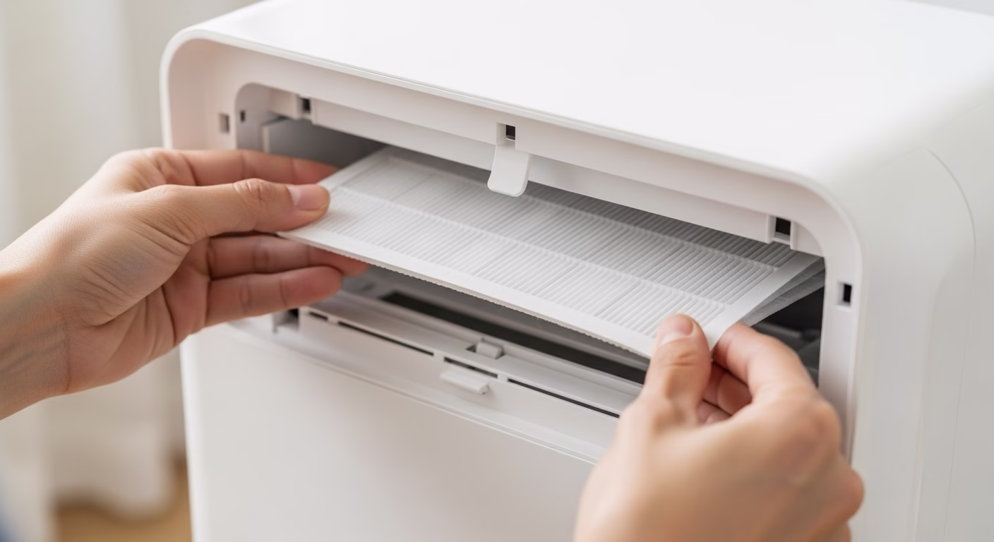 공기청정기 필터 교체 시기, 빨간불 무시하면 안 되는 이유와 초간단 셀프 교체법 5 한 사람이 공기청정기 내부를 깨끗이 청소한 후 조심스럽게 새 필터를 장착하고 있는 모습.