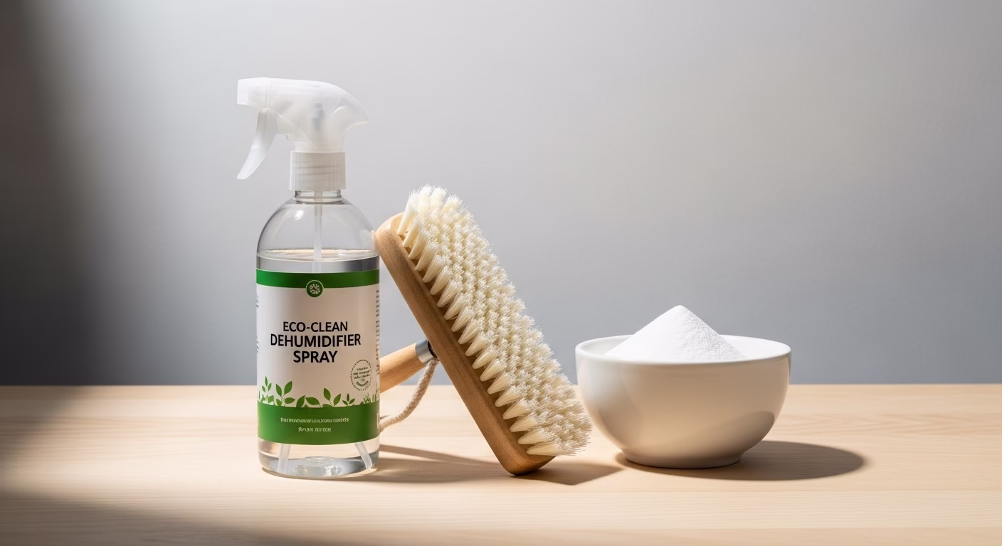 제습기 셀프 청소에 필요한 부드러운 솔, 베이킹소다, 친환경 세정제.