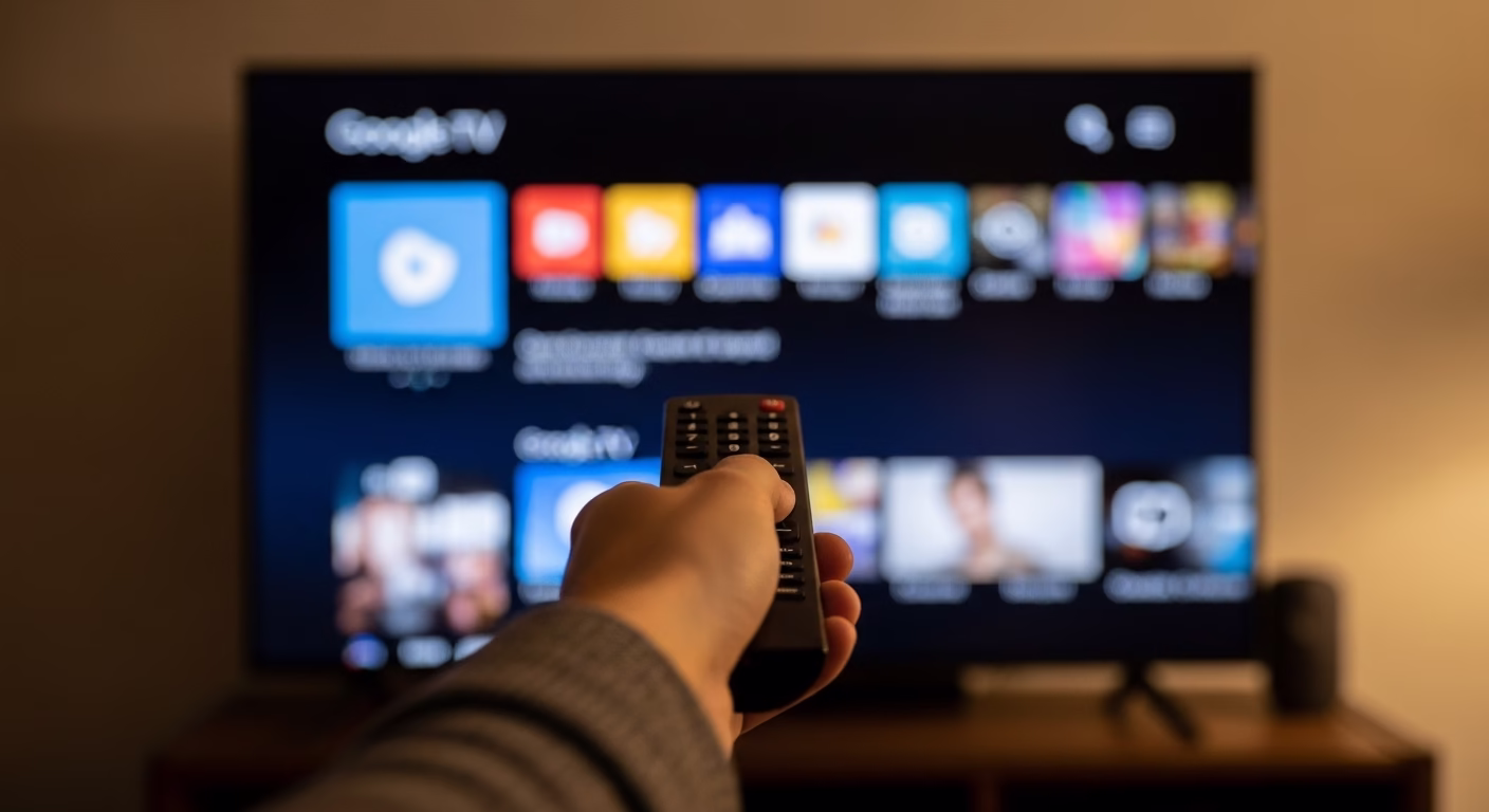 리모컨을 이용해 스마트 TV의 OTT 서비스를 탐색하는 모습.