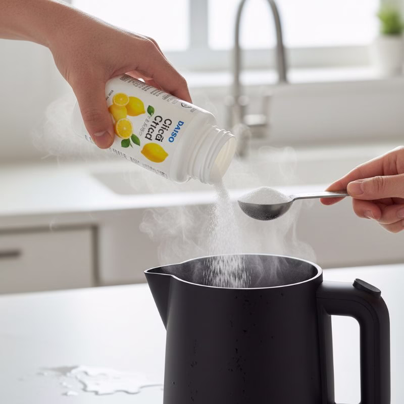 다이소 구연산을 계량스푼으로 전기포트에 넣는 모습