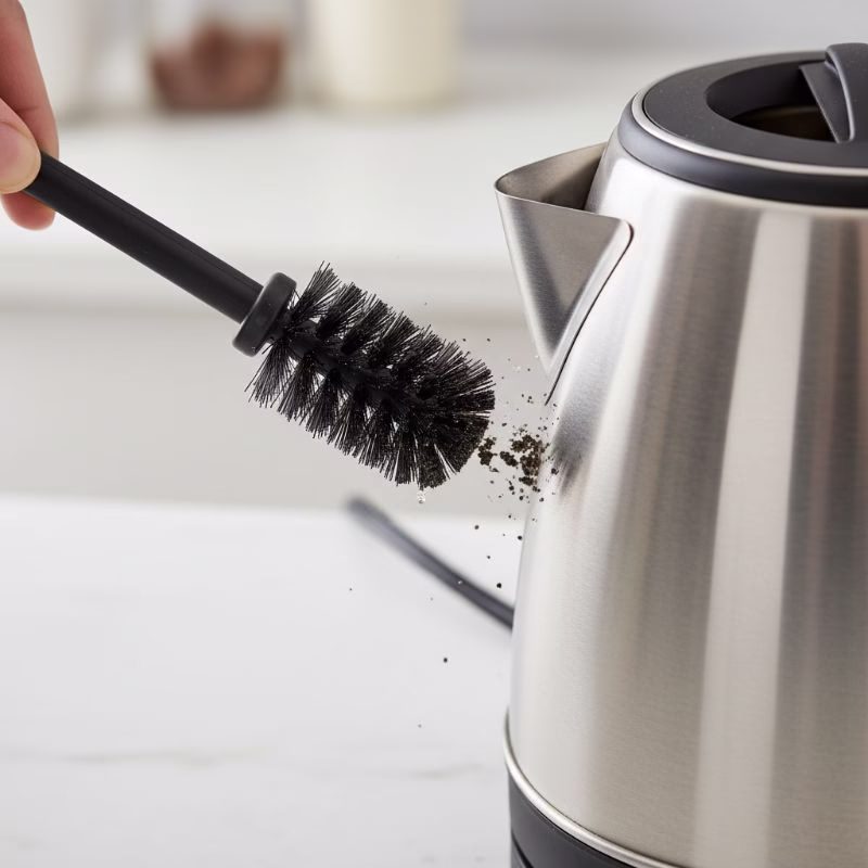 전기포트 물 따르는 주둥이 부분을 틈새솔로 닦아내는 모습